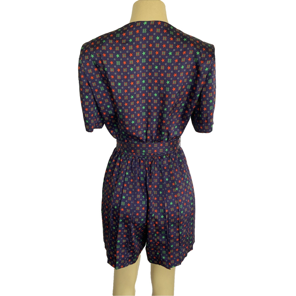 Sandro Curry Satin Romper Purple Star Print Short Sleeve Belt Pleat V Neck 38 - Picture 7 of 14